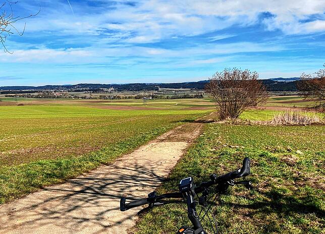 Blick Richtung Schwäbische Alb vom Römerweg aus auf einen Feldweg ins Grün.