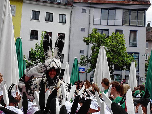 Bild 16: Auf dem Adenauerplatz in Friedrichshafen verteilt der Seehas seinen Hasenklee