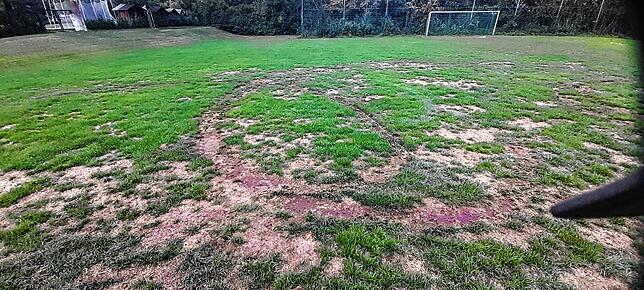 Die unbekannten Autofahrer sind auf dem Spielfeld offenbar mehrere Runden in Achter-Schleifen gefahren. Dieses Foto entstand an einem ...