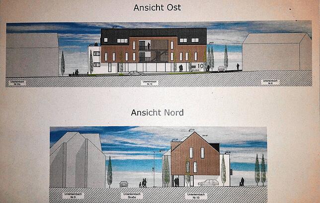 Die Ansichten des Zehnfamilienhauses aus Osten und Norden.