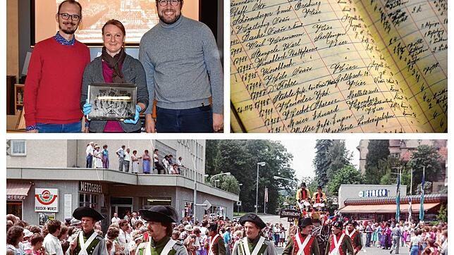 Links oben: Das Team des Stadtmuseums mit einem Glasplattennegativ &ndash; Christopher Wangenheim, Sybille Trefflich und Johannes ...