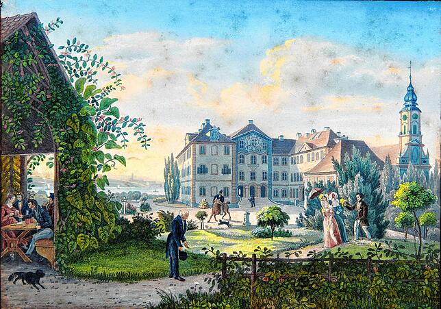 Das Schloss Mainau in einer kolorierten Aquatinta von Caspar Burckardt nach Zeichnung von Emanuel (1837): Für die Kolorierung waren ...