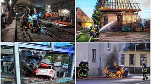 Viermal Feuerwehr St. Georgen (von oben links im Uhrzeigersinn): Tunnelübung im April 2025, Brand eines Geräteschuppens im April 2025, ...