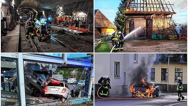 Viermal Feuerwehr St. Georgen (von oben links im Uhrzeigersinn): Tunnelübung im April 2025, Brand eines Geräteschuppens im April 2025, ...