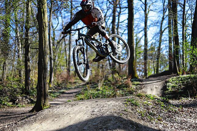 Ein Könner unter den Mountainbikern: Moritz Raible im Überlinger Bikepark im Burgbergwald.