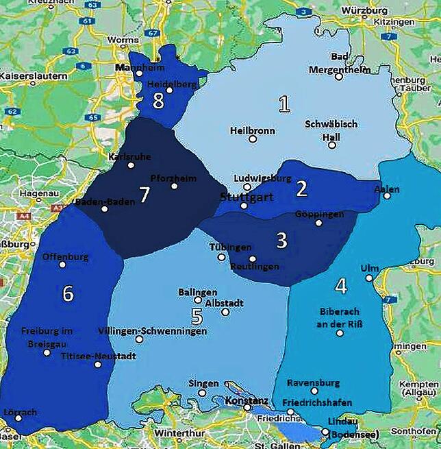 So sind die künftigen Handball-Bezirke in Baden-Württemberg aufgeteilt. Der Bezirk Bodensee und Teile des Bezirks Schwarzwald gehen im ...