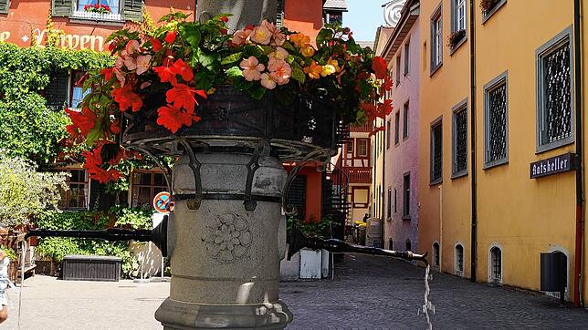 Der Brunnen auf dem Marktplatz gehört wie viele weitere zum Meersburger Stadtbild und liefert gute Trinkwasserqualität, die regelmäßig ...