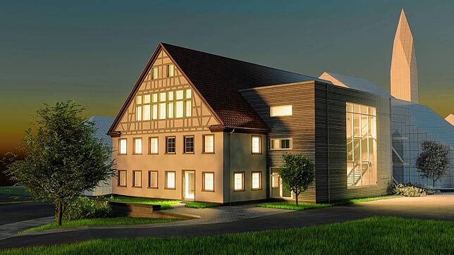 Der &bdquo;Rote Löwen&ldquo; in der neuesten Variante. Vor allem das Fachwerk soll jetzt erhalten bleiben. Eine Ansicht bei Nacht.