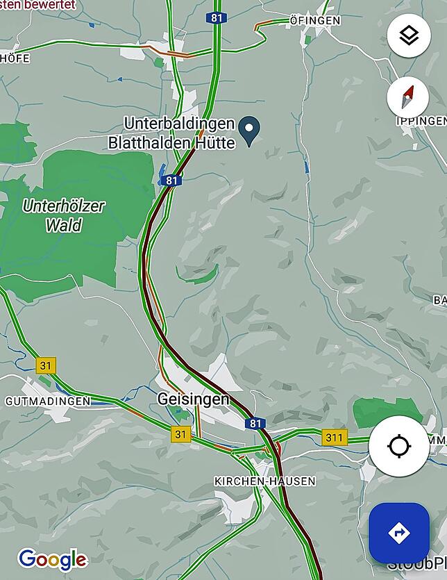 Google Maps zeigt anhand der Staudaten, wo die Unfallstelle liegt: kurz vor Unterbaldingen.