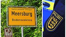 Ein Ortsschild von Meersburg (links) und das Abzeichen der Polizei.