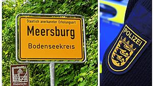 Ein Ortsschild von Meersburg (links) und das Abzeichen der Polizei.