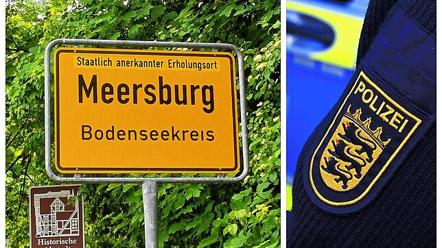 Ein Ortsschild von Meersburg (links) und das Abzeichen der Polizei.