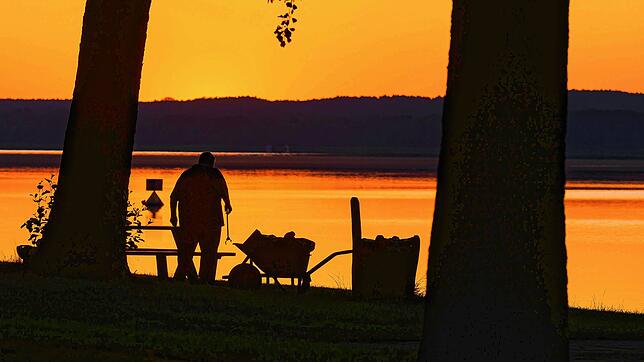 Ein Mann reinigt am frühen Morgen des 2.7.2025 eine Liegewiese am Scharmützelsee. Der Deutsche Wetterdienst warnt teils vor extremer Hitze.