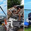 Ein angeschwemmtes Segelboot liegt vor dem Allensbacher Campingplatz (links), auf dem die Aufräumarbeiten beginnen, nachdem ein ...