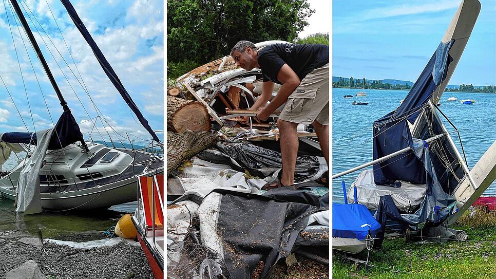 Ein angeschwemmtes Segelboot liegt vor dem Allensbacher Campingplatz (links), auf dem die Aufräumarbeiten beginnen, nachdem ein ...