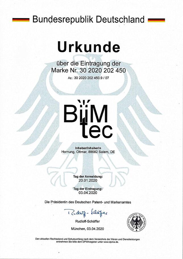Die Urkunde über das Schutzrecht in Schrift und Bild für Name und Logo der Sandstrahltechnologie „Biimtec“.