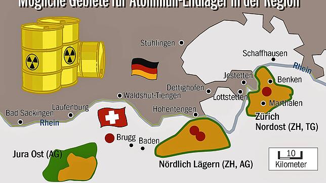 Könnte der Landkreis Waldshut von zwei Atommüll-Endlagern eingekesselt werden? Diese Karte zeigt mögliche Standorte auf deutscher und ...