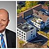 Links der neue Chefarzt Jan Ludolf Kewer und rechts das Krankenhaus Stockach aus der Luft gesehen.
