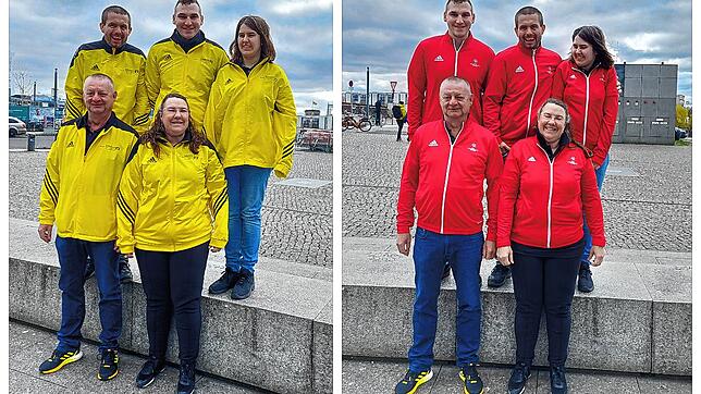 Mitglieder des Fördervereins Special Olympics Hochrhein in Berlin. Obere Reihe (rechtes Bild): Andreas Cafararo, David Pancke, Sophie ...