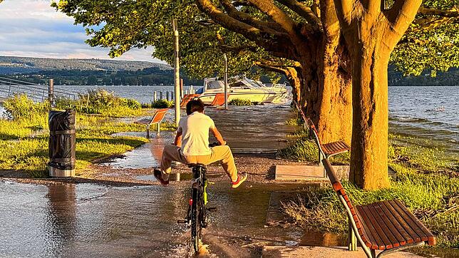 Füße hoch: An der Radolfzeller Mole trat im Juni das Wasser über das Ufer.