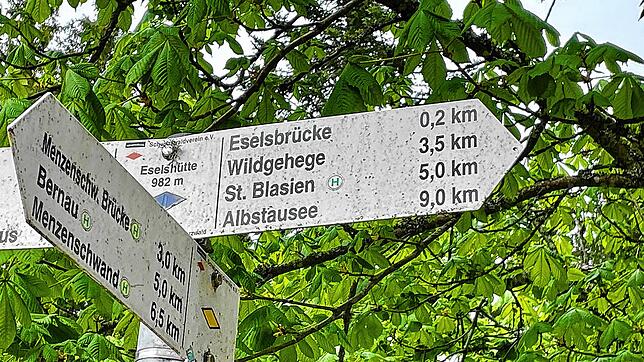 Wegweiser zur Eselsbrücke bei St. Blasien.