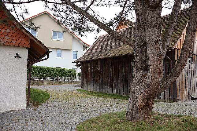 Eine alte Kiefer ziert den gepflasterten Hof zwischen dem Backhaus links und dem Holzschopf.