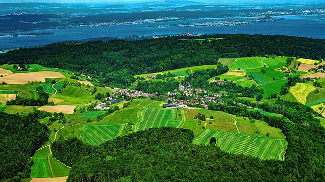 Blick auf den Schiener Berg und die Höri (Archivbild von Mai 2023): Auf der Halbinsel wollen Windkraftgegner sich im Gemeinderat ...