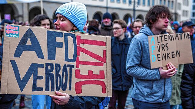 Eine Teilnehmerin einer Demonstration gegen Rechtsextremismus in Rostock trägt ein Schild mit der Aufschrift &bdquo;AFD-Verbot jetzt&ldquo;.