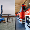Ein Bagger auf einer Plattform im Hagnauer Hafen droht am Ostersamstag zu kippen (links). Rechts zu sehen sind Einsatzfahrzeuge der ...