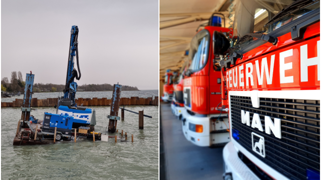 Ein Bagger auf einer Plattform im Hagnauer Hafen droht am Ostersamstag zu kippen (links). Rechts zu sehen sind Einsatzfahrzeuge der ...