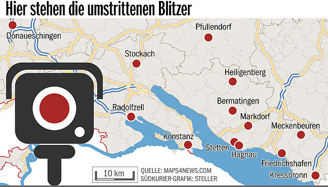 Die Grafik zeigt, wo genau in der Region die umstrittenen Blitzer stehen.