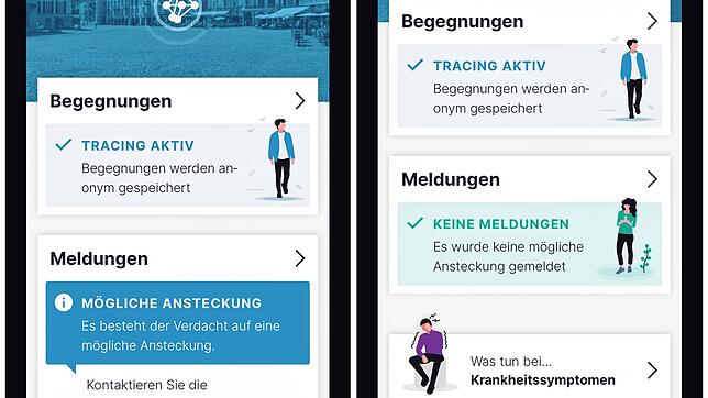 So sieht die Benutzeroberfläche der Schweizer Corona-Tracing-App aus: Links mit und rechts ohne Warn-Meldung vor einer möglichen Ansteckung.
