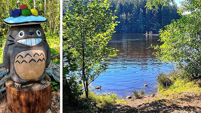 Im Schlühüwanapark führt ein Naturerlebnispfad mit lustigen Holzfiguren, wie diesen Schwarzwälder Totoro, bis zum Schlüchtsee, der zum ...