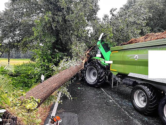 Ein während eines Gewitters von heftigen Sturmböen umgewehter Baum liegt auf einem Traktor.
