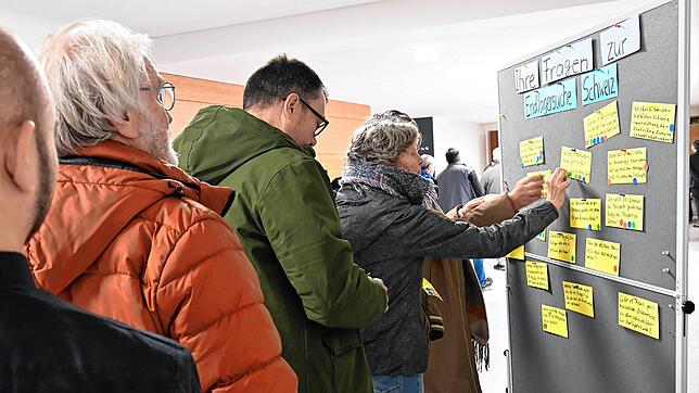 Auf einer Tafel konnten die Besucher der Informationsveranstaltung in der Wadshuter Stadthalle ihre Fragen rund um das geplante Endlager ...