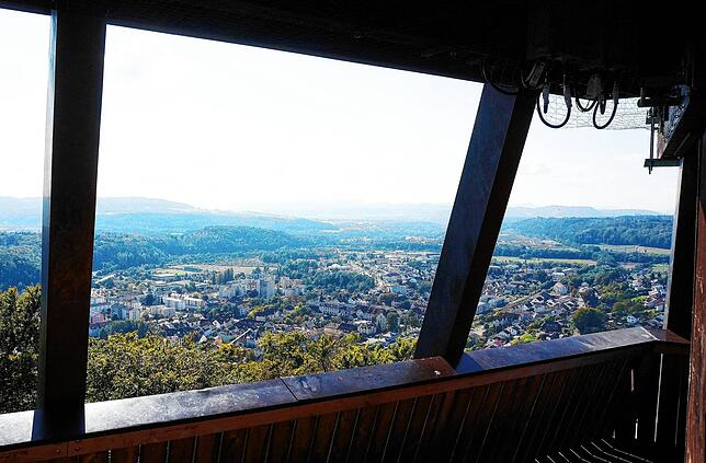 Schöne Aussichten: Selbst bei diesigem Wetter ist der Blick vom Vitibuckturm aus beeindruckend, hier auf Tiengen Richtung Waldshut ...