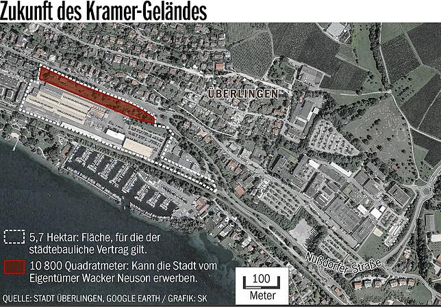 Die weiß gepunktete Linie umfasst die rund 5,7 Hektar große Fläche, die neu bebaut wird. Den rot schraffierten Bereich an der Nußdorfer ...