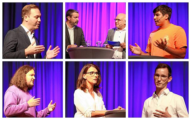 Sie lieferten sich in der SÜDKURIER-Wahlarena einen Schlagabtausch (von links): Felix Schreiner (CDu), die Moderatoren Andreas Gerber ...