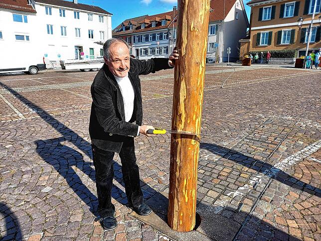 Zimmermeister Alfons Viellieber durfte die ersten Schnitte mit der kleinen Säge setzen, bevor der große Fuchsschwanz zum Einsatz kam.