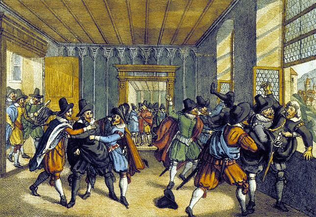 Der Prager Fenstersturz am 23. Mai 1618: Die kaiserlichen Räte Martinitz und Slawata sowie ein Sekretär werden von böhmischen Adeligen ...
