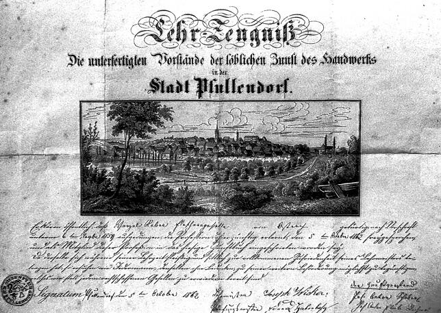 Gesellenbrief im Flaschnerhandwerk aus dem Jahr 1862 für Wenzel Kober aus Ostrach, unterschrieben von den Prüfungsvorsitzenden Eduard ...