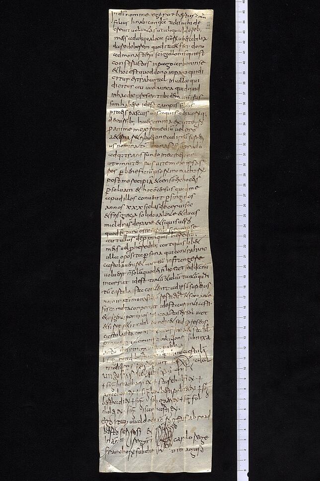 Die Urkunde, in der Überlingen erstmals erwähnt wird. Graf Ruadbert überträgt seine Besitzungen in Aulfingen bei Geisingen dem Kloster. ...