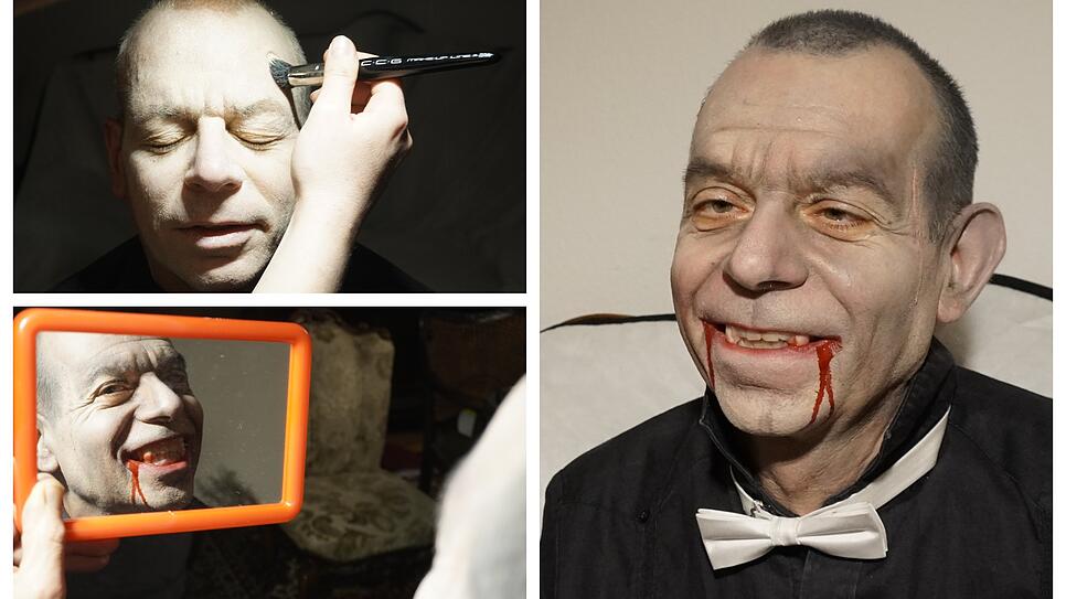Mit Pinsel, Farbe und Kunstblut verwandelt die Hobby-Maskenbilderin Aline Meusel aus Waldshut Alb-Bote-Redaktionsleiter Roland Gerard in ...