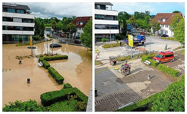 Der Eugen-Bolz-Platz in Oberteuringen am Morgen und am Nachmittag des 26. Juni.