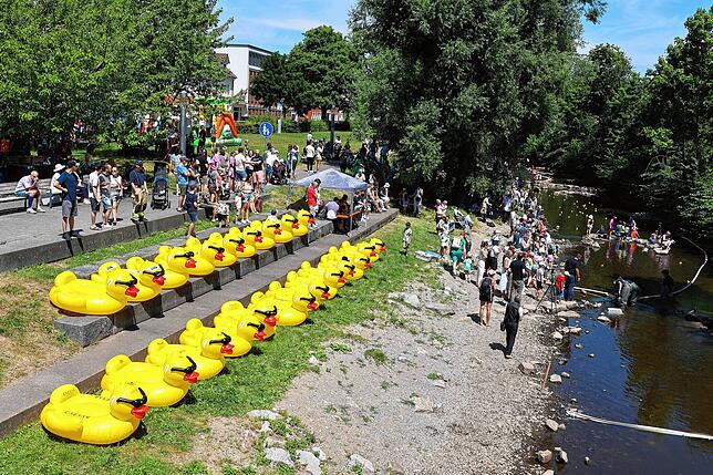 Die 21 aufblasbaren Badeenten liegen stellvertretend für die Sponsoren des 24. Entenrennens der Round Table 76 VS beim Zieleinlauf, ...