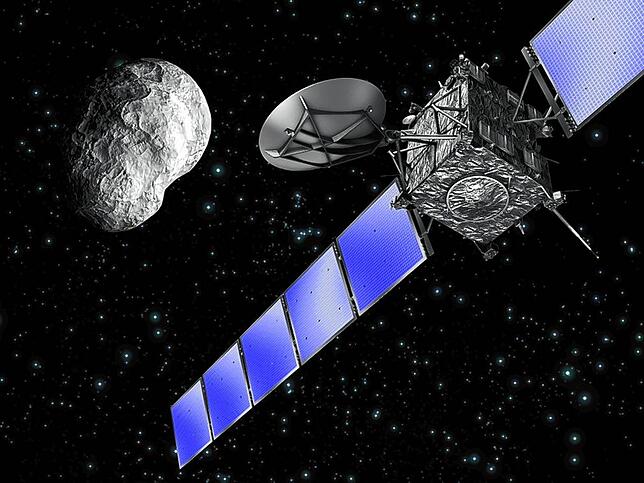 Raumsonde "Rosetta" besucht fast unbekannten Asteroiden Die Computeranimationen zeigt die Raumsonde "Rosetta" (r) und den Asteroiden Steins (undatiertes Handout). Der europäische Kometenjäger ...