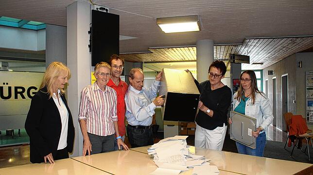 Sieglinde Hubov, Margot Hienerwadel, Stephan Kohler, Günter Römer, Silvia Schlegel und Elke Oswald (von links) leeren die Wahlurne mit ...