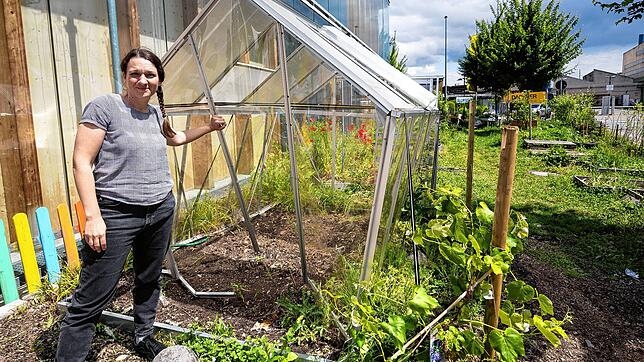 Schulleiterin Nuria Loewen am beschädigten Gewächshaus im Schulgarten. Unbekannte haben Teile des Schulgartens an zwei Wochenenden ...