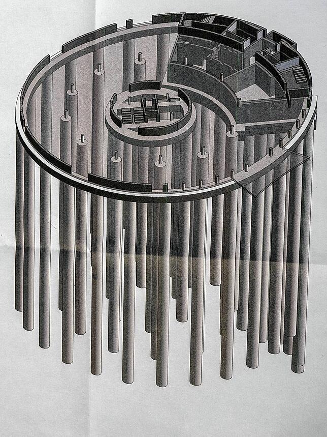 So sieht es unter dem Panorama aus: Diese 3-D-Zeichnung zeigt die 50 unterschiedlich langen Bohrpfähle, auf denen das Bauwerk stehen wird.