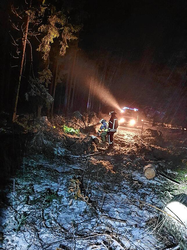 Die Bräunlinger Feuerwehr ist Donnerstagnacht im Einsatz auf den Straßen im Stadtwald, um umgestürzte Bäume wegzuräumen.